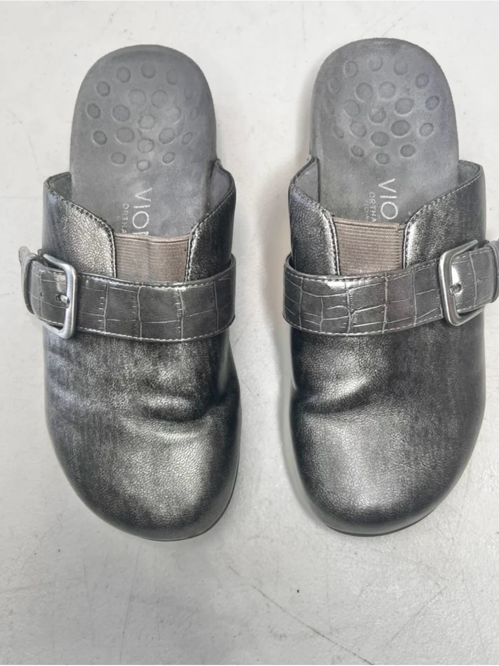 Vionic orthaheel martha buckle strap metallic vegan leather slip on mules size 6